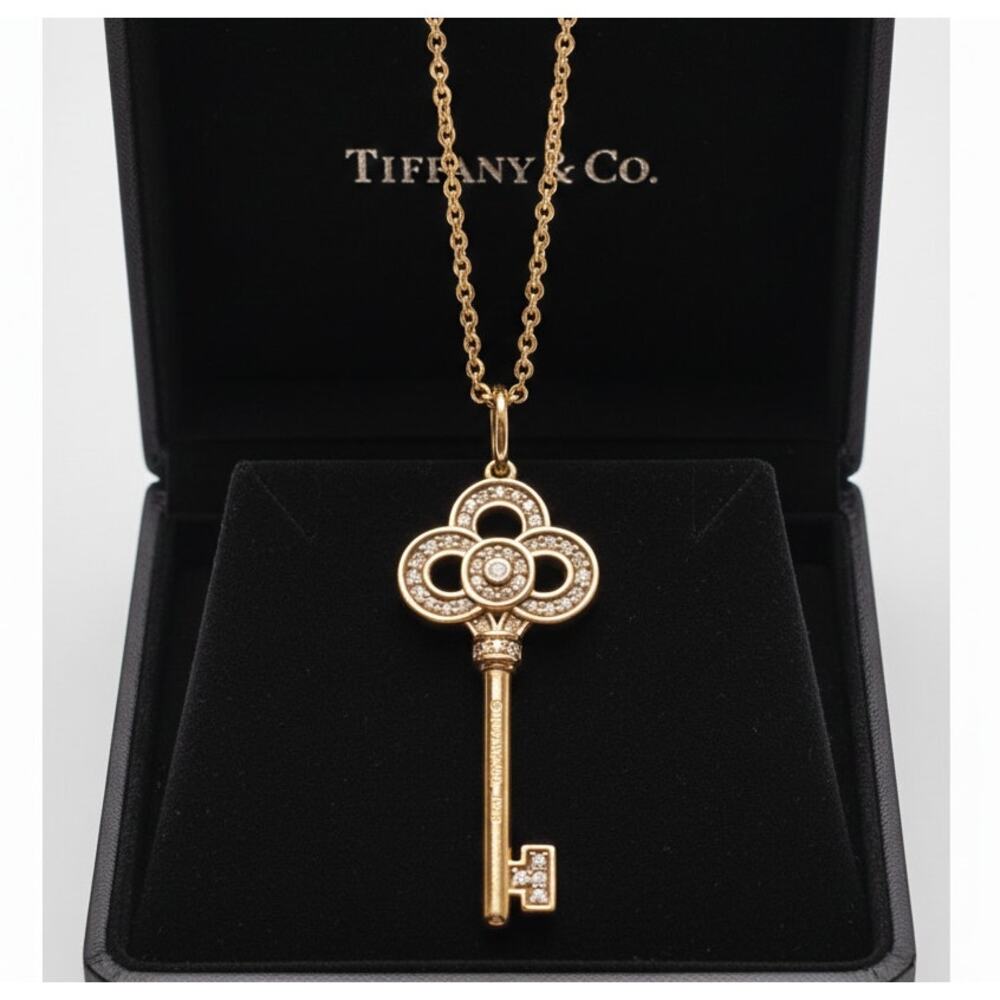 Tiffany & Co. 18k Yellow Gold Diamond Key Pendant Necklace with Box